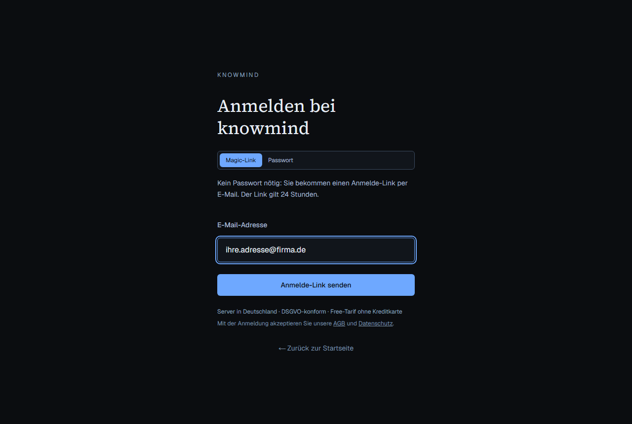 Anmeldeseite von knowmind mit eingetragener E-Mail-Adresse