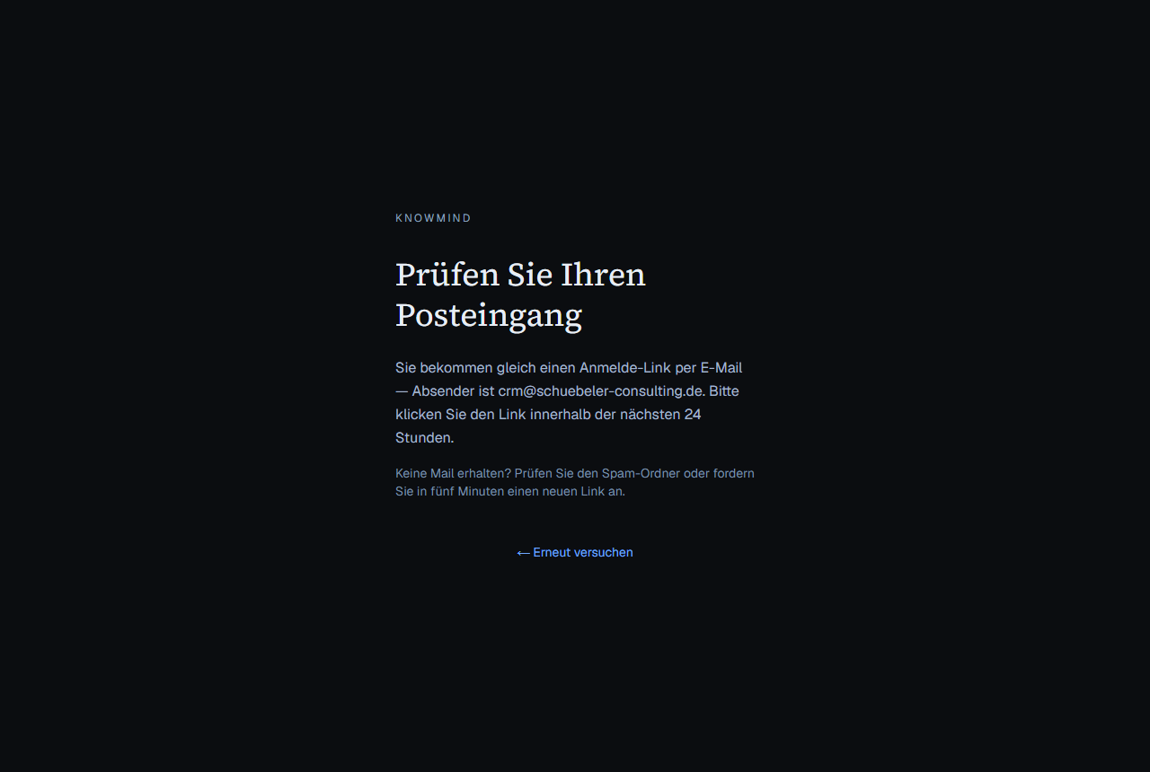 Hinweisseite: Der Anmelde-Link wurde verschickt