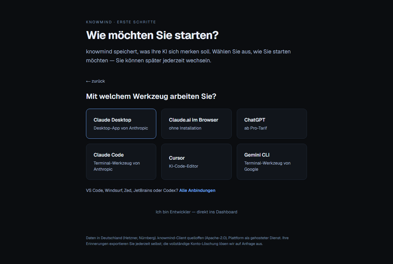 Auswahl der KI-Werkzeuge: Claude Desktop, Claude.ai, ChatGPT, Claude Code, Cursor, Gemini CLI