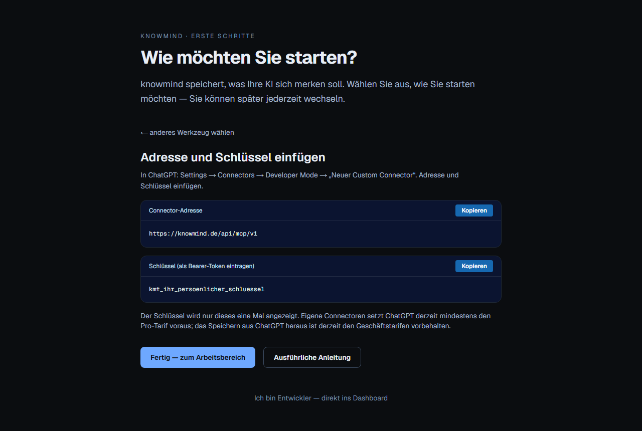 Anleitung für ChatGPT mit Connector-Adresse und Schlüsselfeld