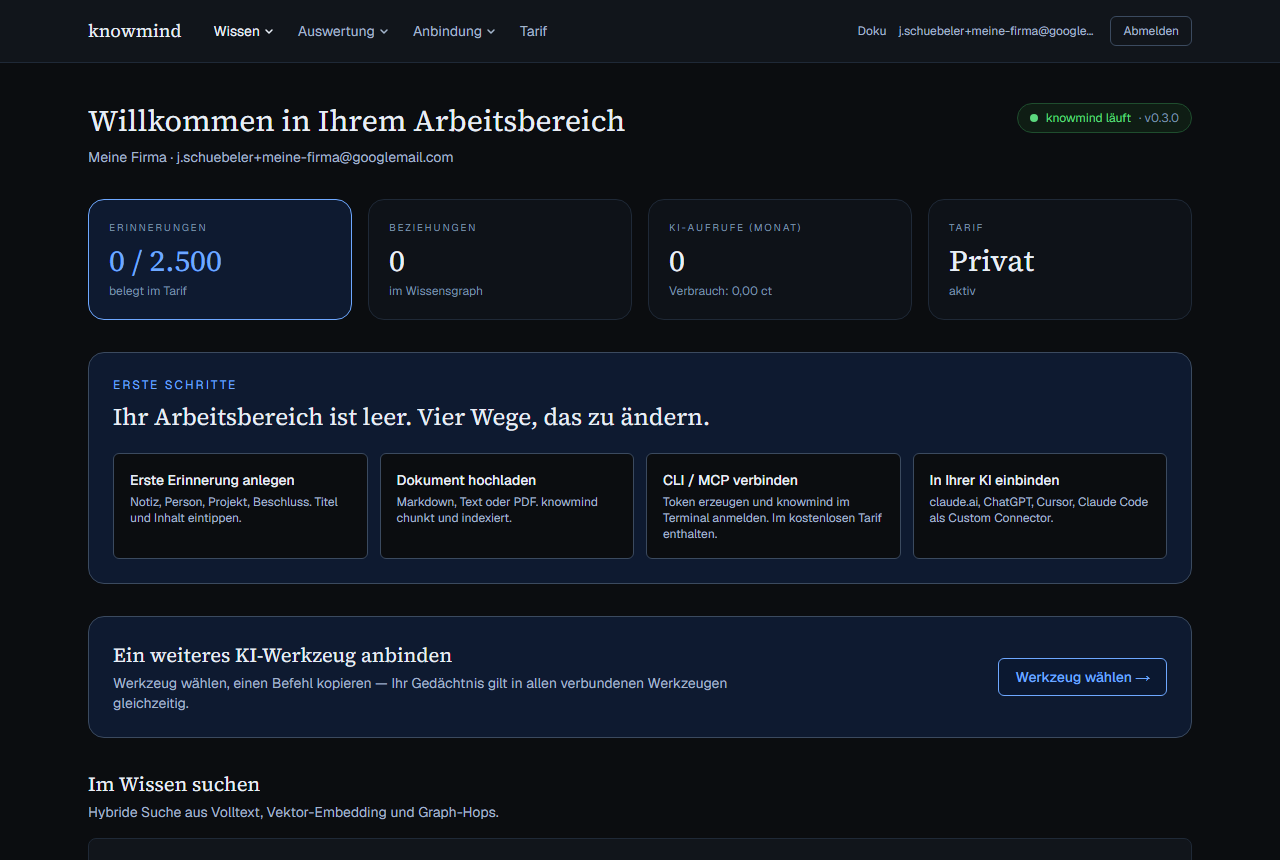 Dashboard mit Zählern für Erinnerungen, Beziehungen und KI-Aufrufe